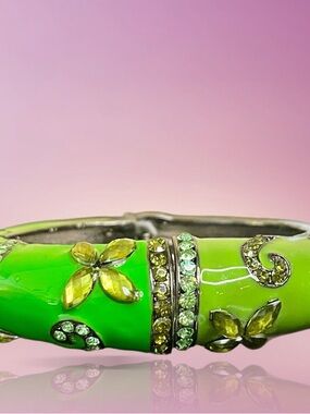 Green Crystal Floral Enamel Hinged Bangle Bracelet